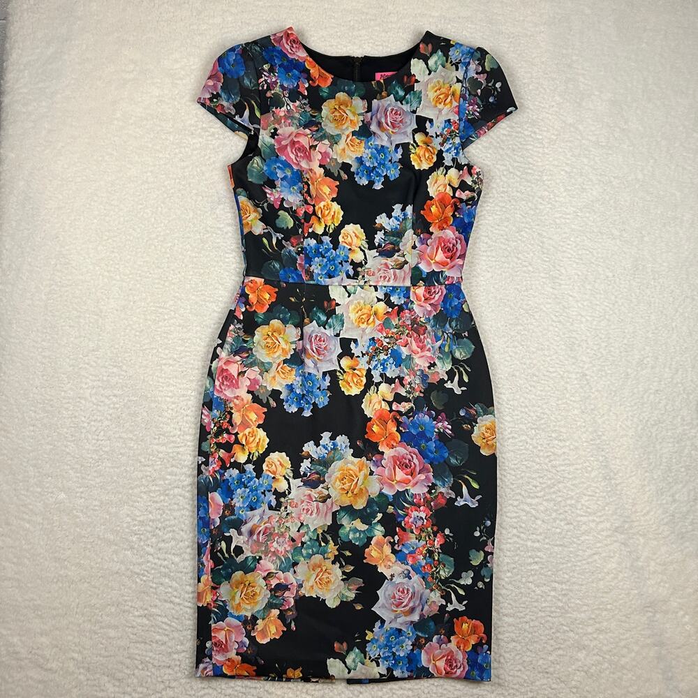 Betsy Johnson Womens Sz 6 Floral Scuba Sheath Midi Dress Stretchy Preppy Office